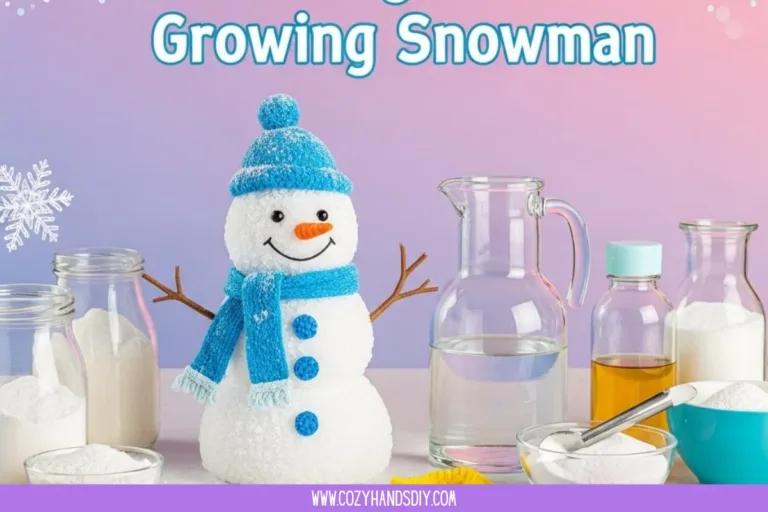 Baking Soda Snowman growing experiment with ingredients and setup instructions.