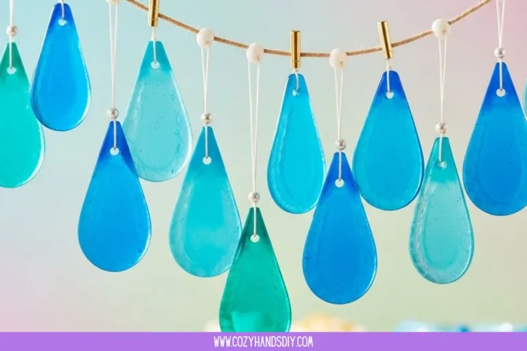 Colorful DIY blue crayon suncatchers hanging in sunlight
