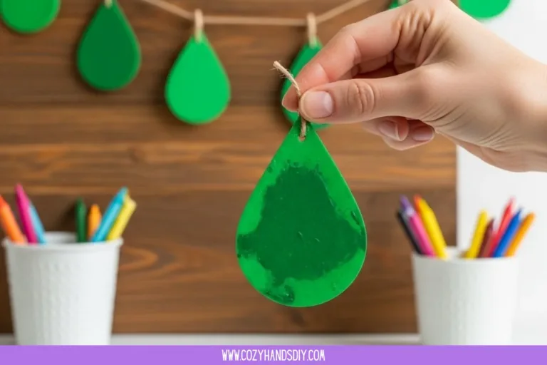 DIY Green Crayon Raindrop Suncatchers hanging in a sunlit window