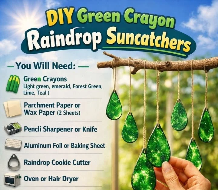 DIY Green Crayon Raindrop Suncatchers