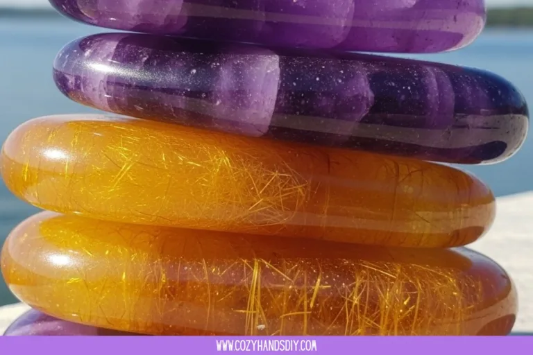 A variety of DIY worry stones crafted from different materials on a wooden table.
