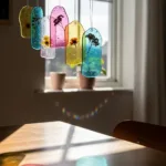 Colorful DIY bioplastic suncatchers hanging in a sunny window