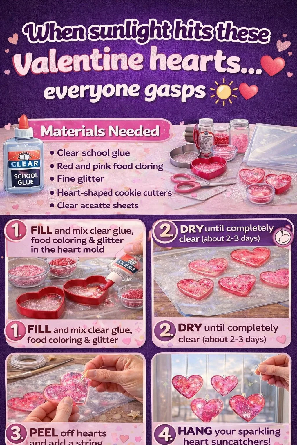 ❤️ Valentine Heart Suncatchers (Clear Glue Magic)