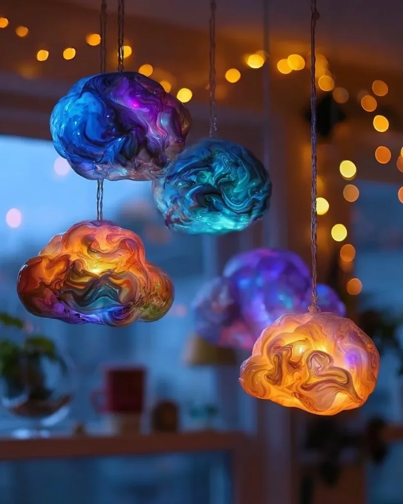 Colorful cloud-shaped Baking Soda Ornaments for a creative DIY project.