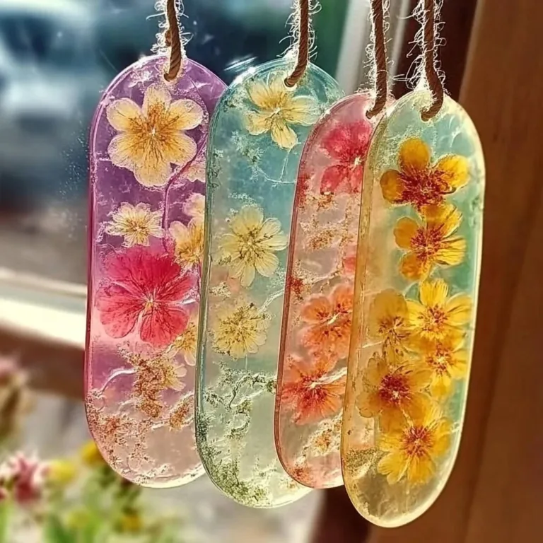 Colorful bioplastic suncatchers hanging in a sunny window, creating vibrant light patterns.