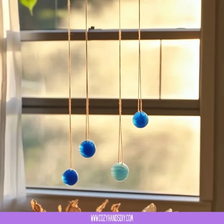 Handmade Blue Crayon Suncatchers catching sunlight and adding color to a window.