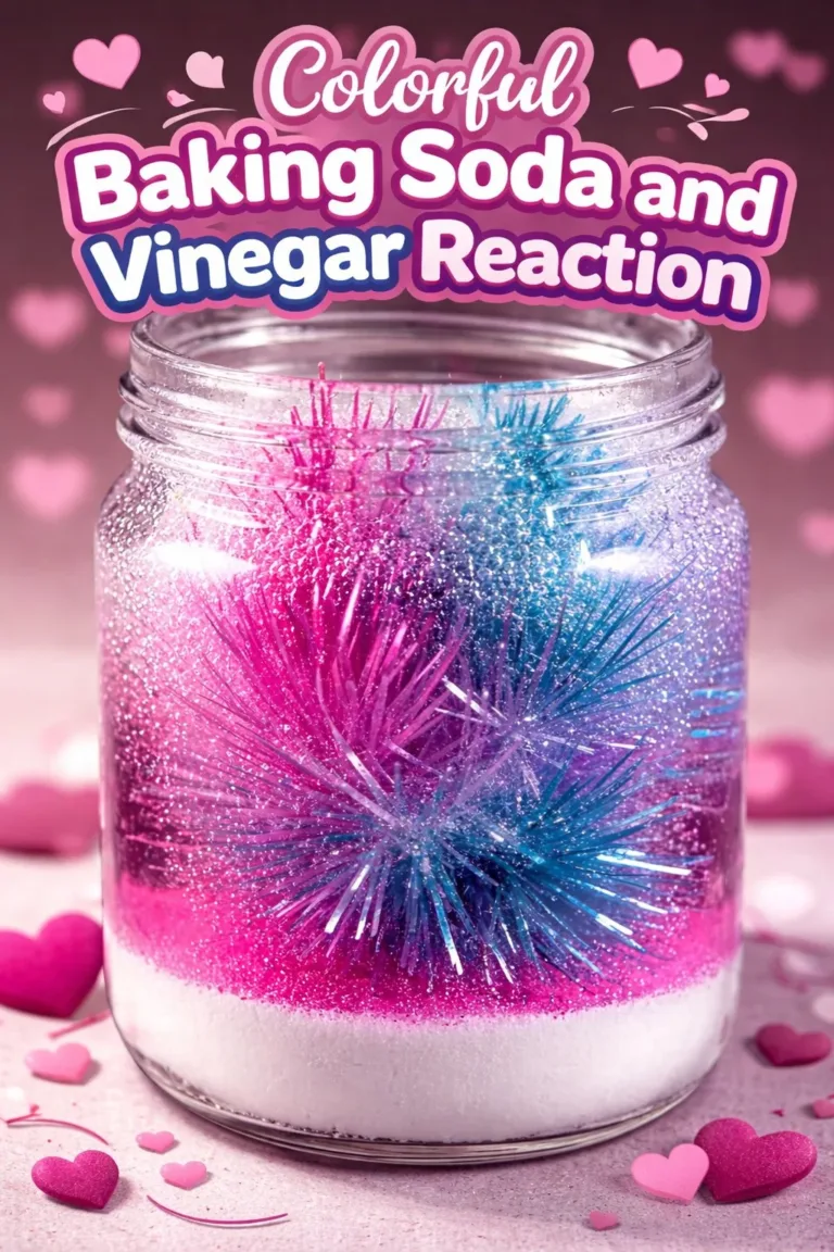 Colorful baking soda and vinegar reaction experiment with vibrant effects.