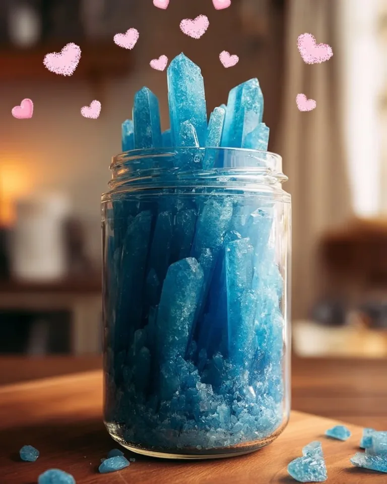 Kids conducting a crystal growing experiment with colorful crystals forming in a jar.