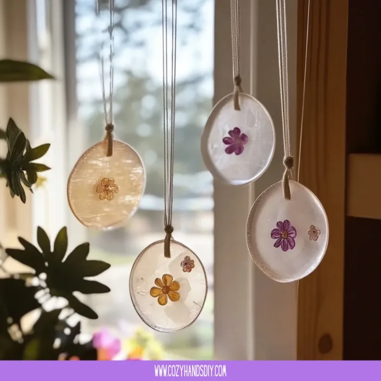 Colorful DIY bioplastic suncatchers hanging in a sunny window.