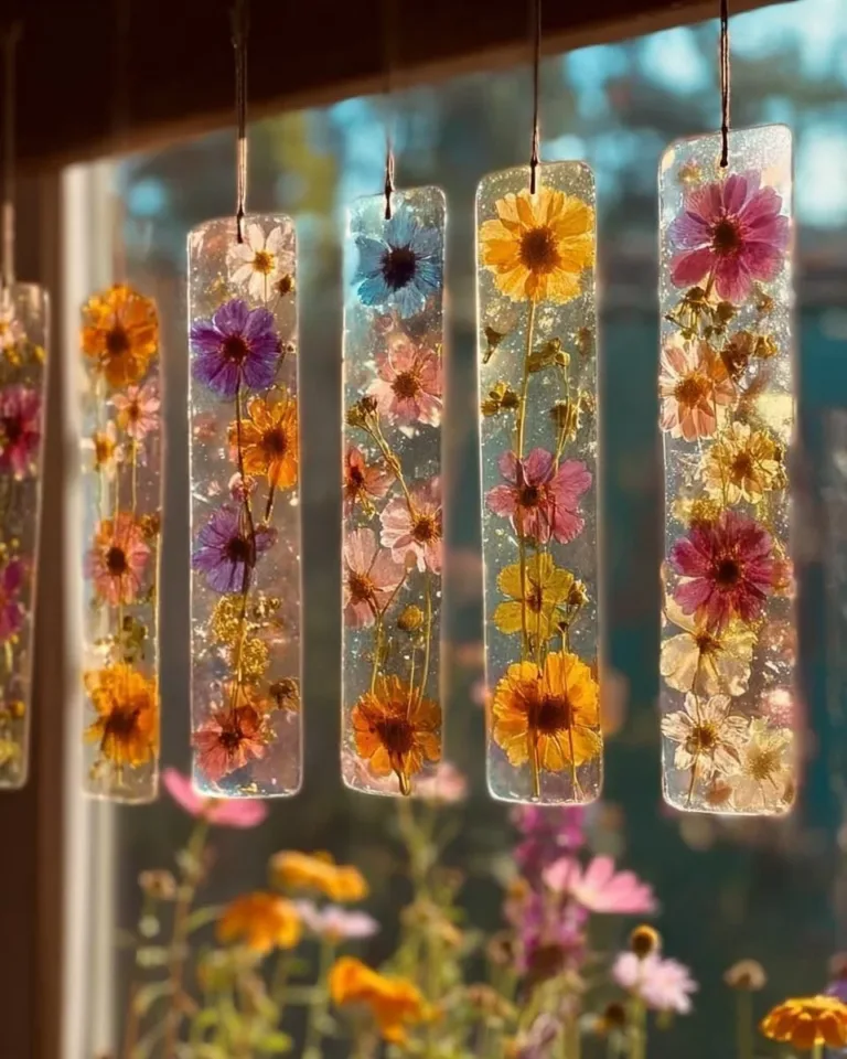 Colorful DIY bioplastic suncatchers hanging in a window