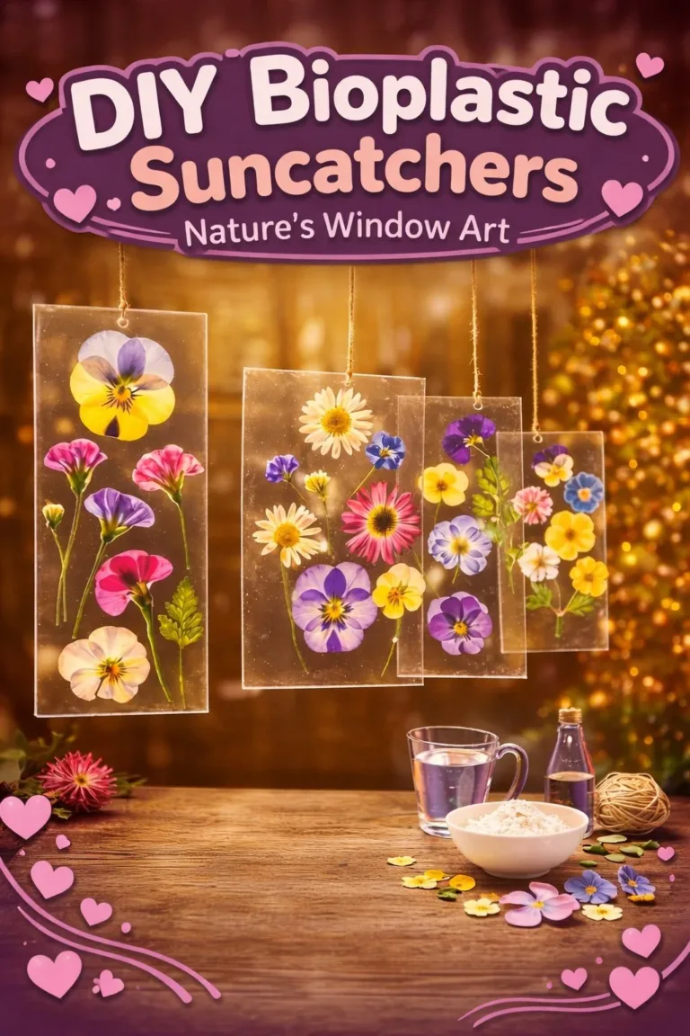 Colorful DIY bioplastic suncatchers hanging in a sunny window.