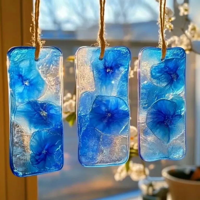 DIY blue crayon suncatchers displayed in a sunny window