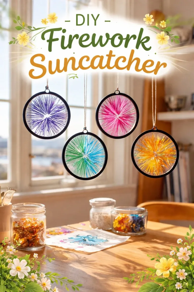 Colorful DIY firework suncatcher hanging in the sunlight.