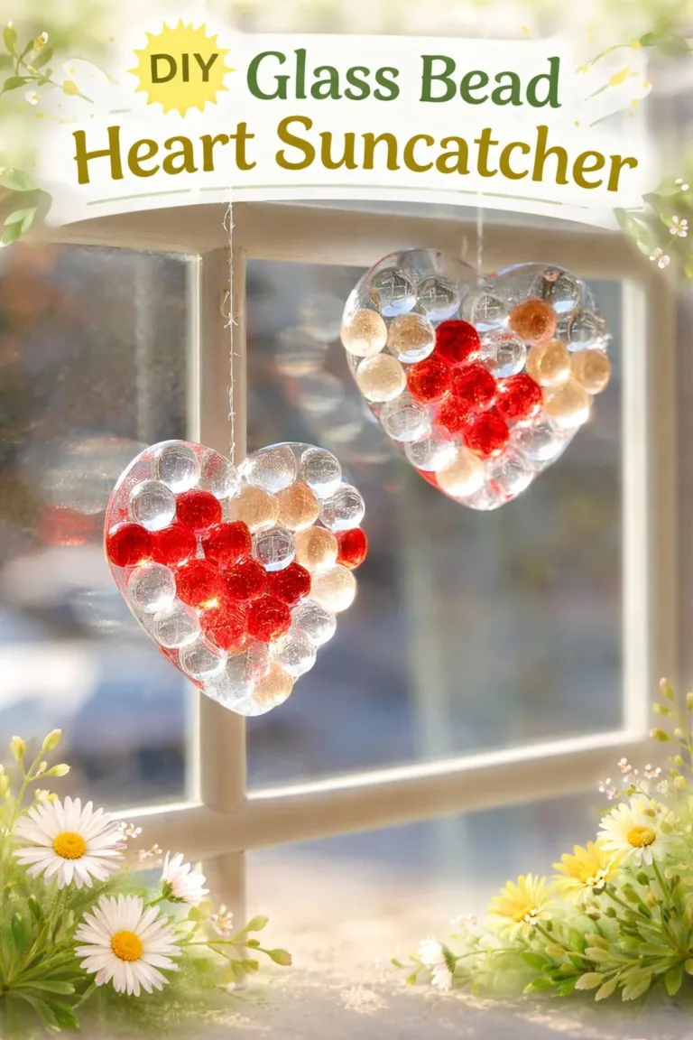 DIY glass bead heart suncatcher project for colorful home decor