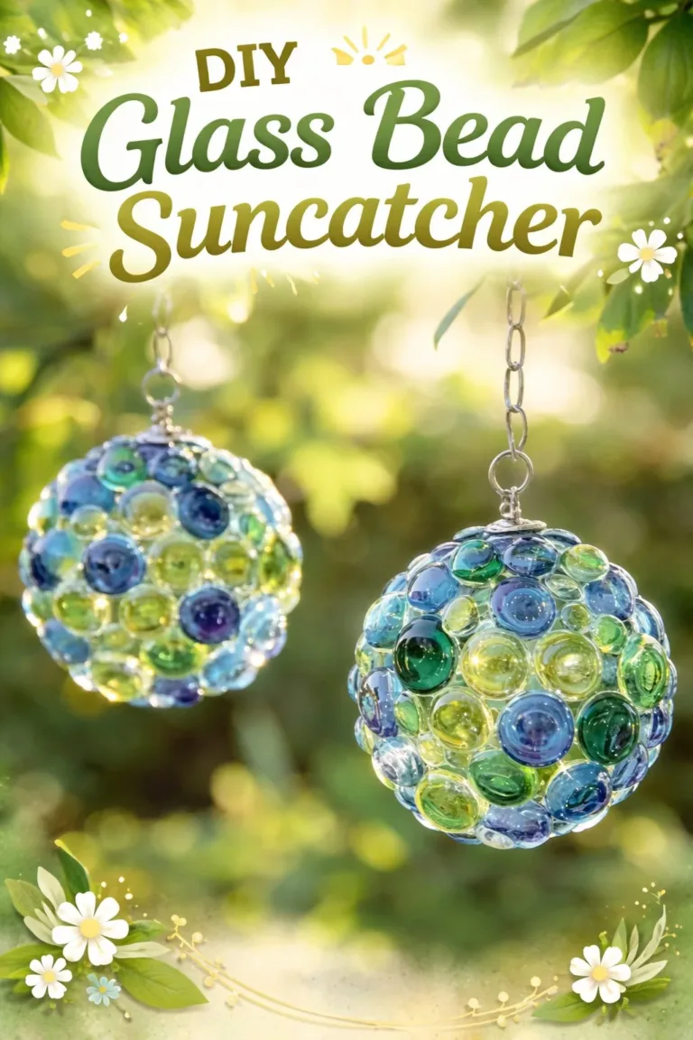 DIY glass bead suncatcher hanging in sunlight, casting colorful reflections