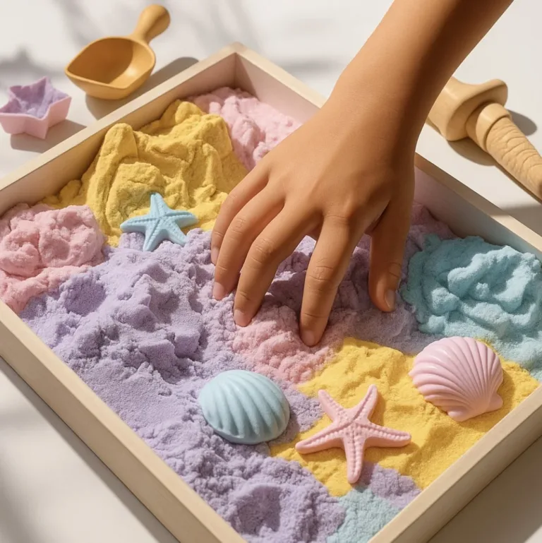 DIY kinetic sand project with colorful grains and molds for creativity.