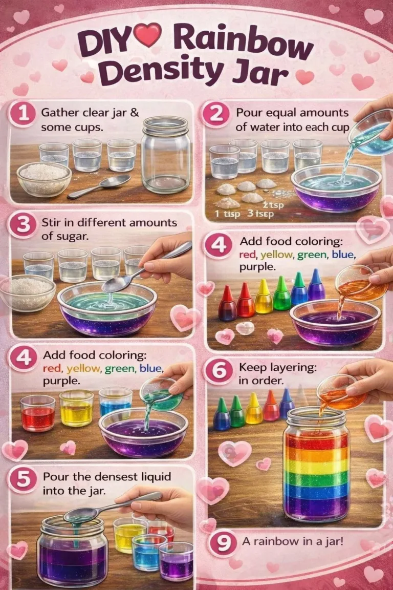 DIY Rainbow Density Jar showing colorful liquid layers in a jar.