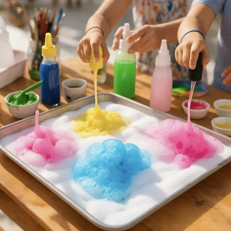 Kids enjoying fizzy painting activity with colorful bubbles and creative art.