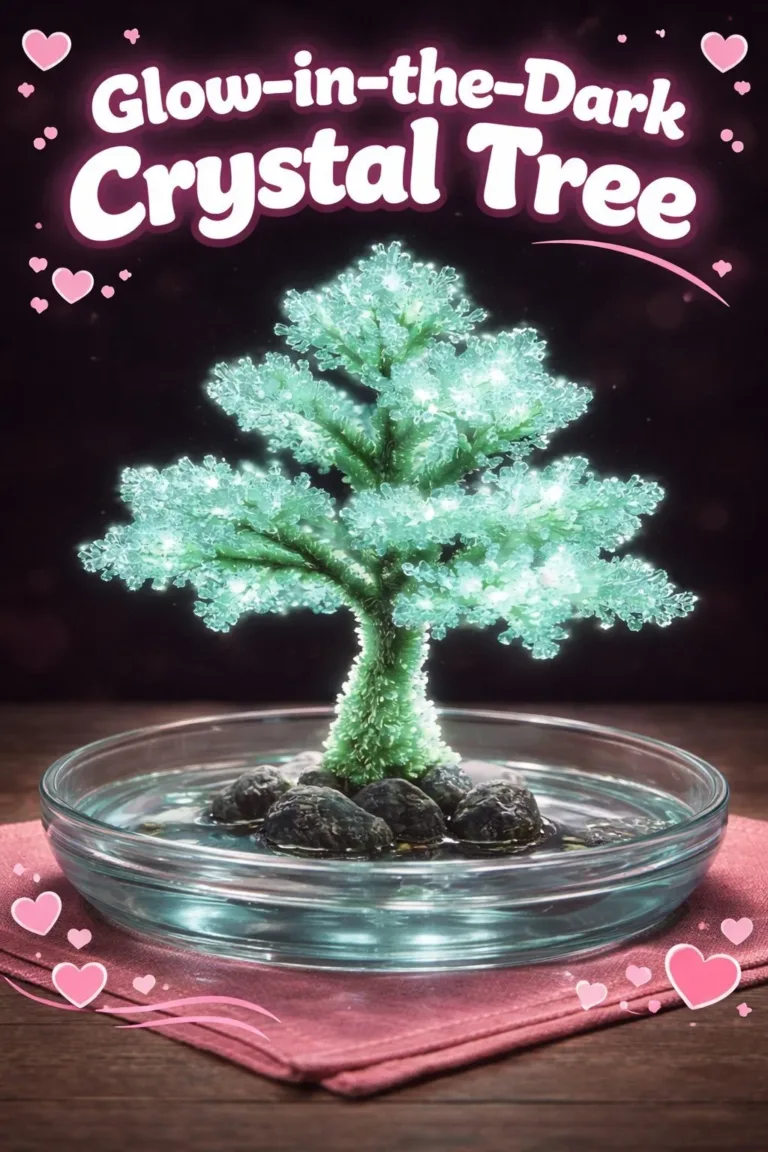 Glow-in-the-dark crystal tree illuminating a dark room