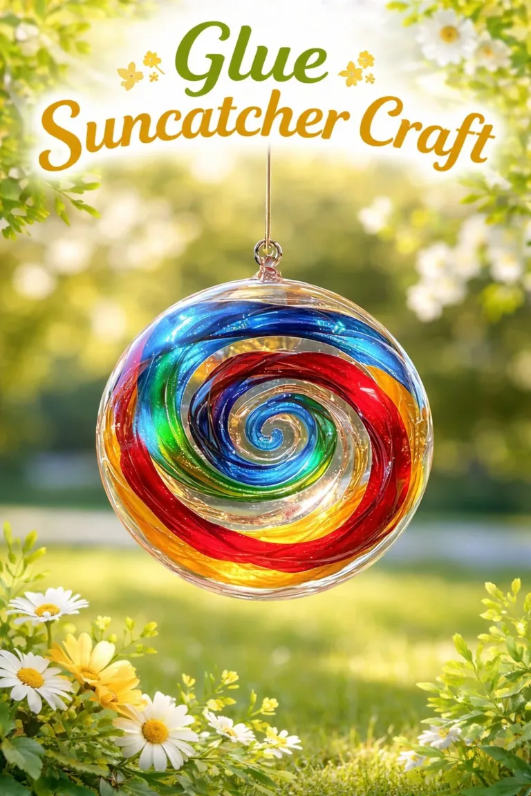 Colorful glue suncatcher craft made from various materials.