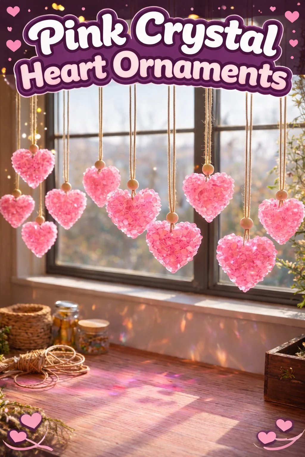 Pink Crystal Heart Ornaments 6 Pink Crystal Heart Ornaments