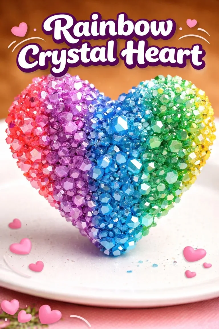 Vibrant rainbow crystal heart decoration reflecting colorful hues.