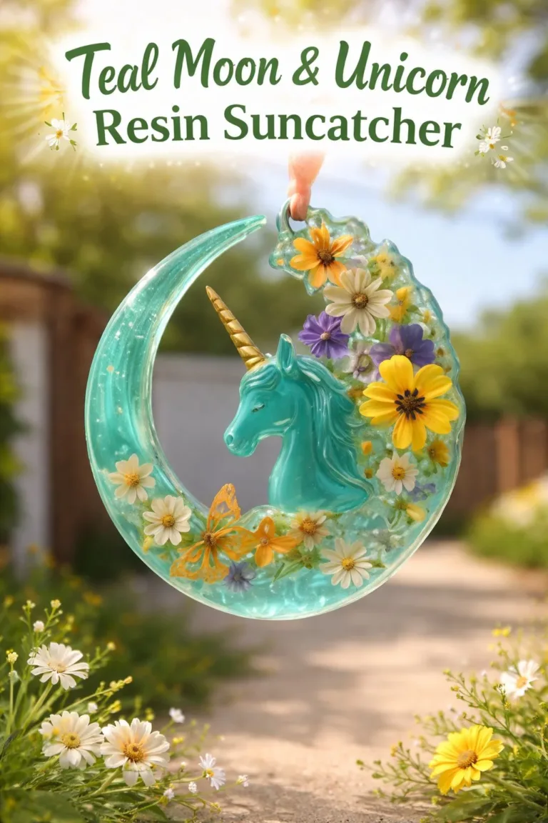 Teal Moon & Unicorn Resin Suncatcher casting colorful light reflections