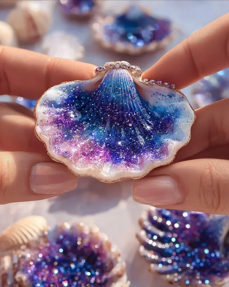 Beautiful galaxy crystal seashells art project showcasing colorful sparkles and designs.