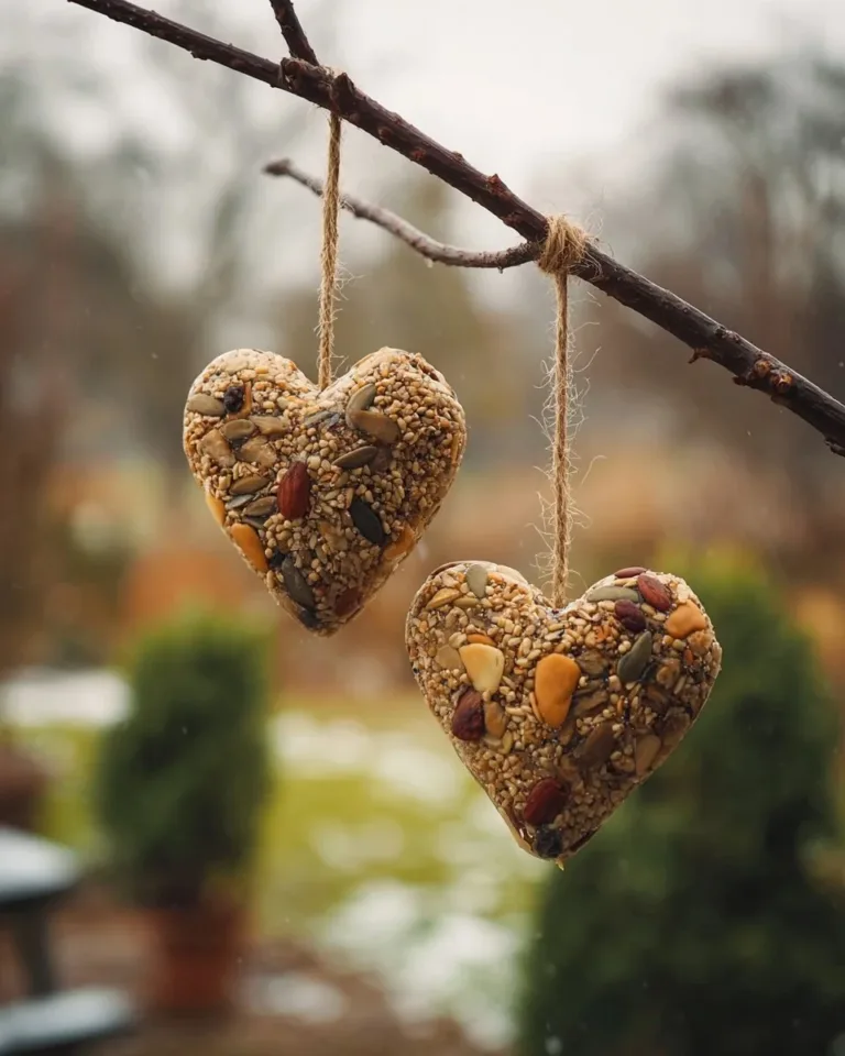 Colorful Valentine bird seed feeders attracting various birds in a garden.