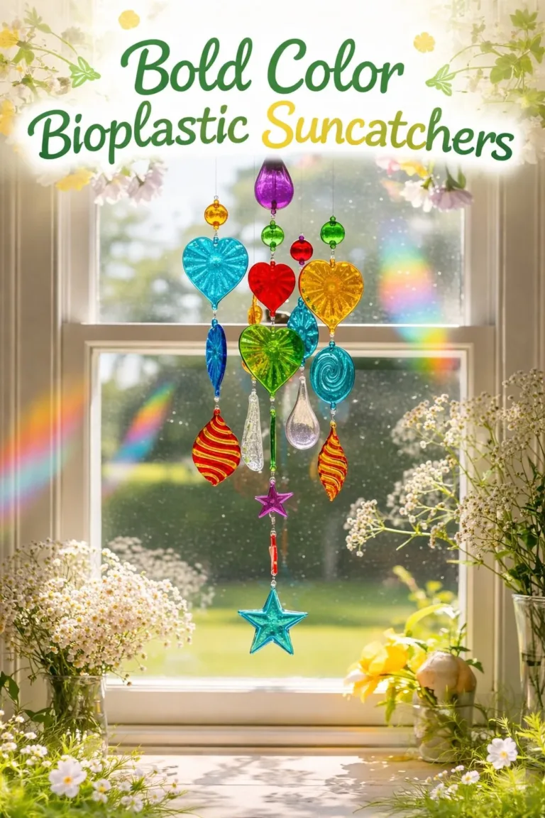Colorful bioplastic suncatchers shining in sunlight for eco-friendly decor
