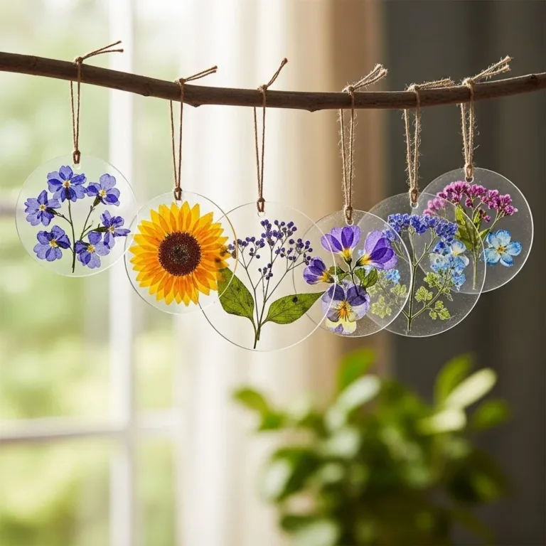 Pressed flowers preserved in eco-friendly cornstarch bioplastic.