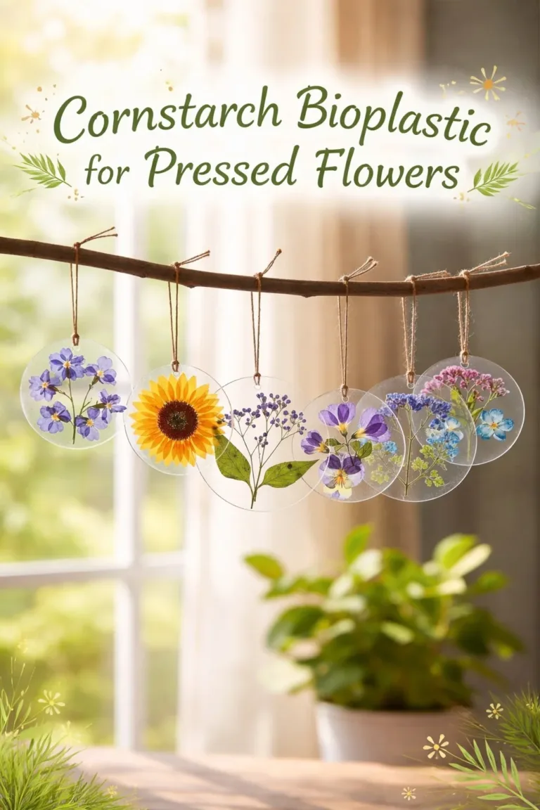 Pressed flowers encased in cornstarch bioplastic for sustainable preservation.