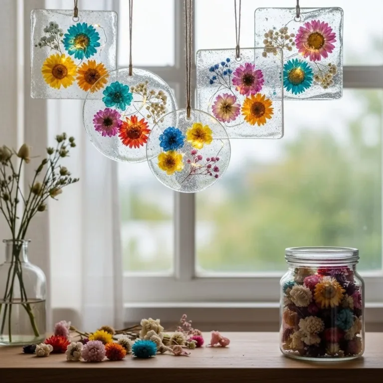 Colorful DIY bioplastic suncatchers hanging in sunlight, showcasing vibrant designs.