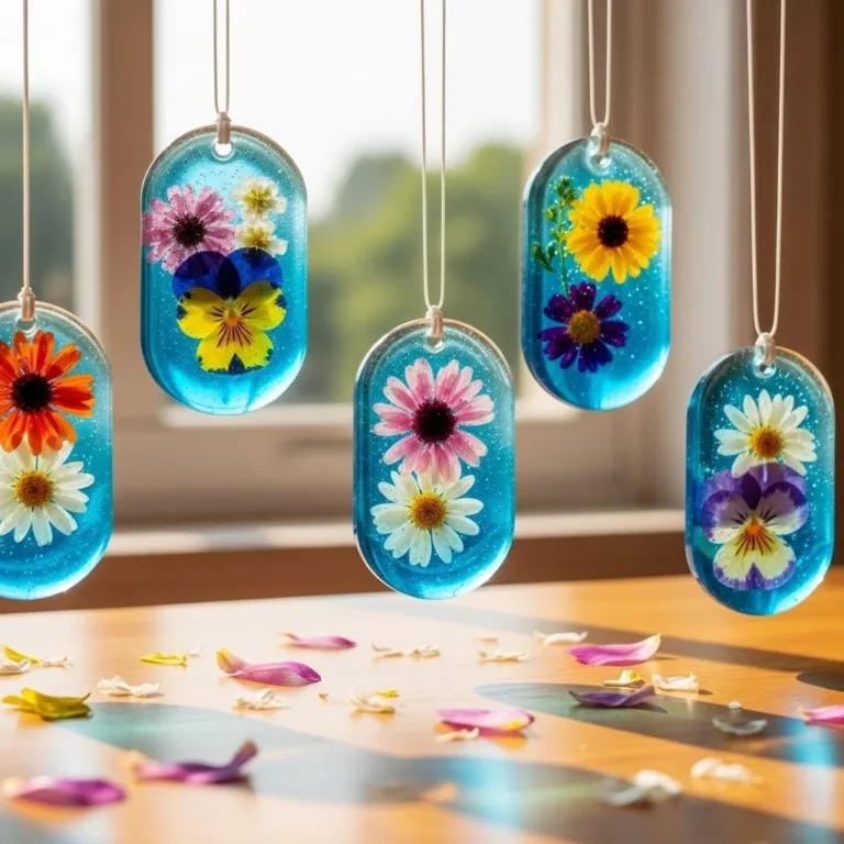 Colorful DIY bioplastic suncatchers hanging in a window.