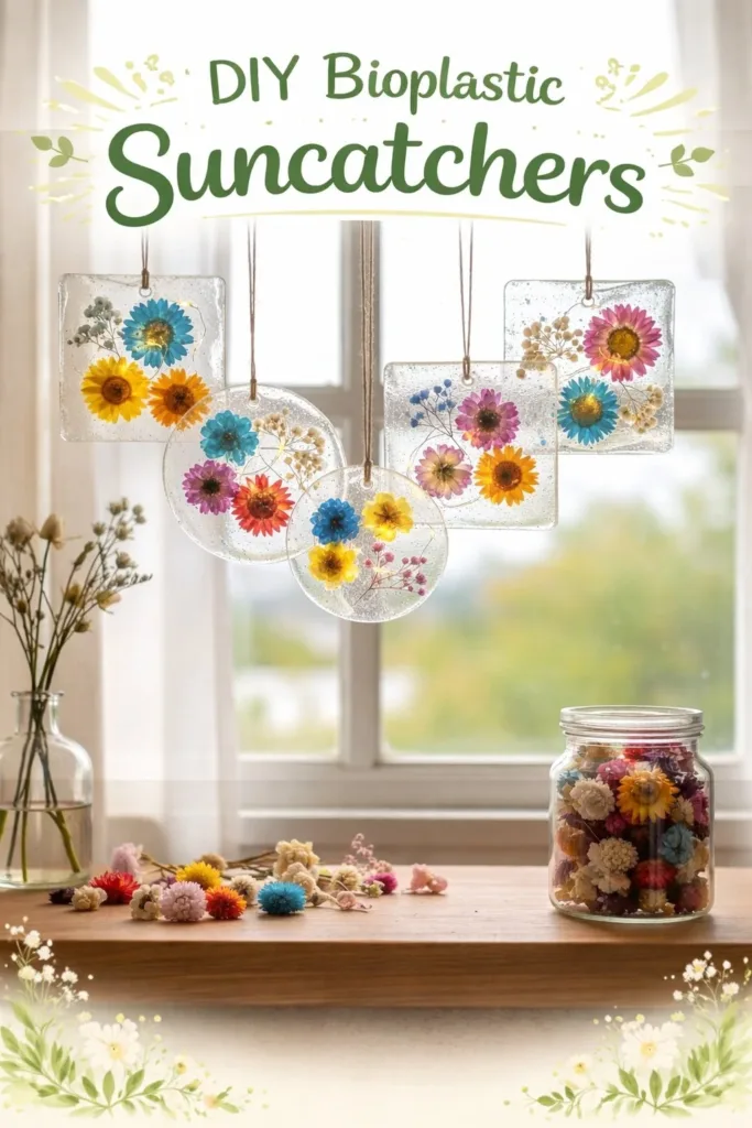 Colorful DIY bioplastic suncatchers hanging in a window