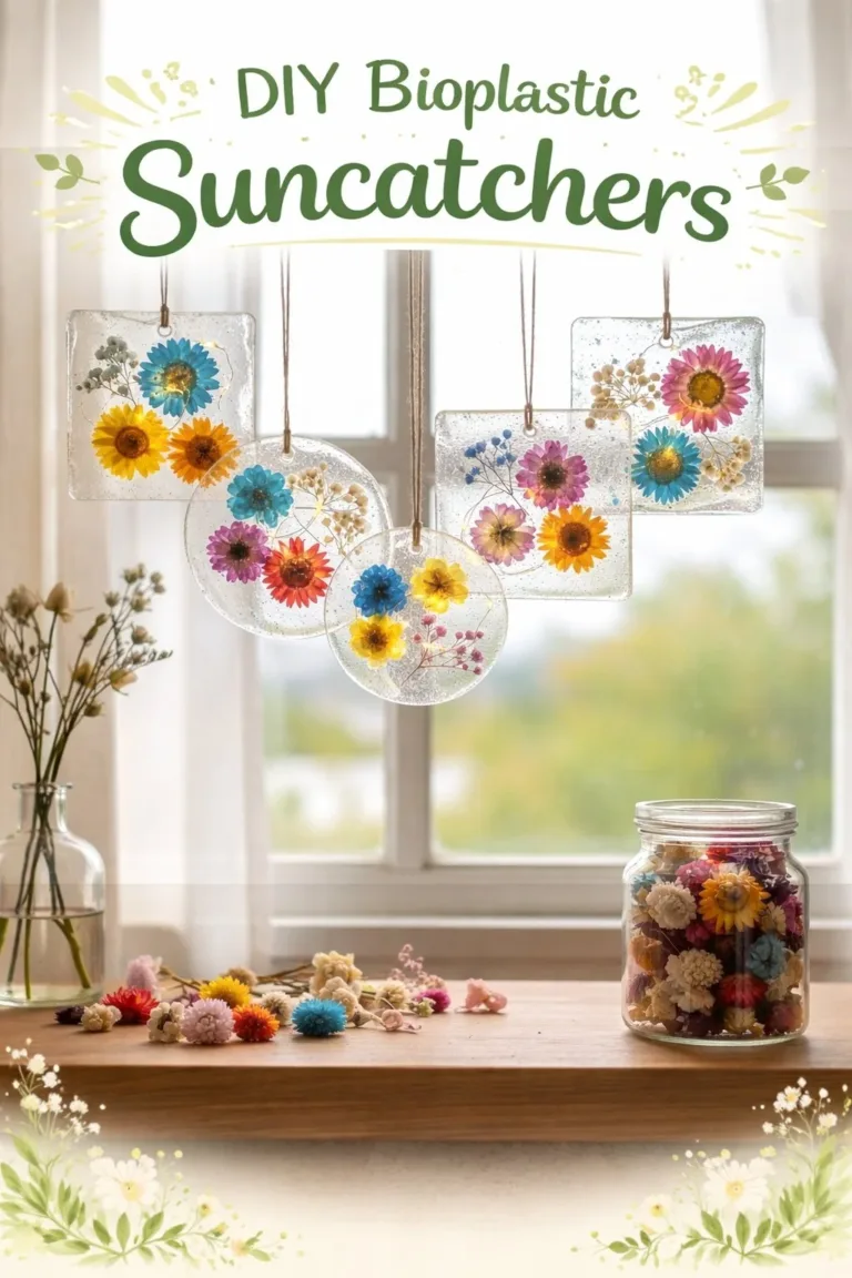 Colorful DIY bioplastic suncatchers hanging in a window