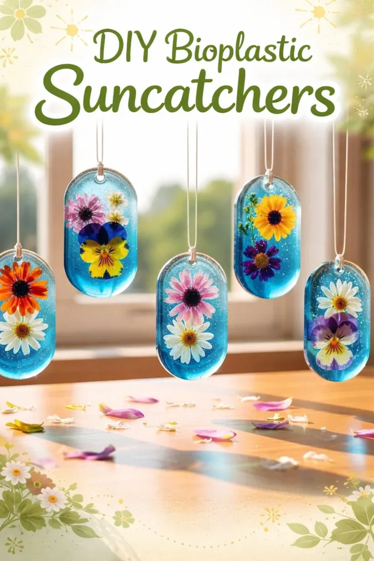 DIY bioplastic suncatchers displaying colorful designs in sunlight