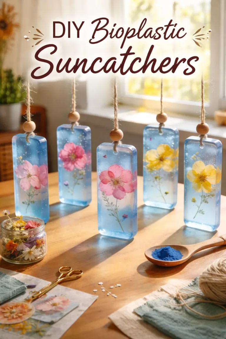 Colorful DIY bioplastic suncatchers hanging in sunlight, showcasing eco-friendly craft.