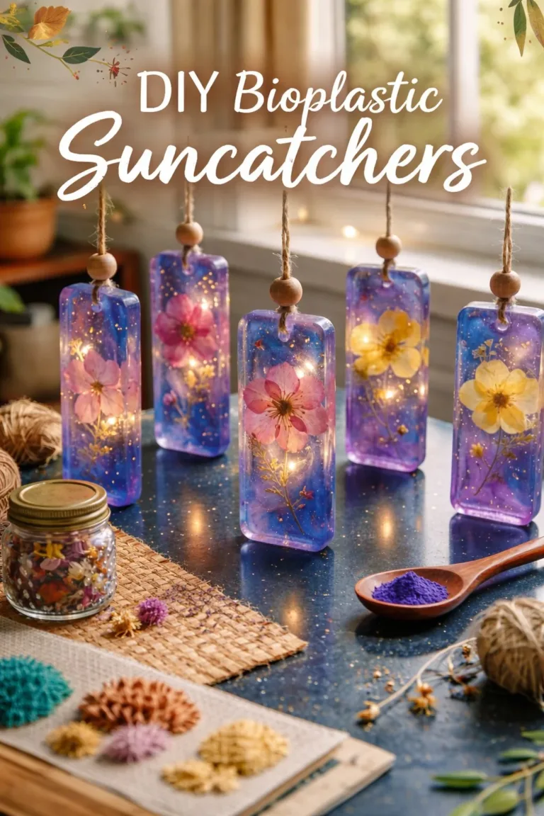 Colorful DIY bioplastic suncatchers hanging in sunlight