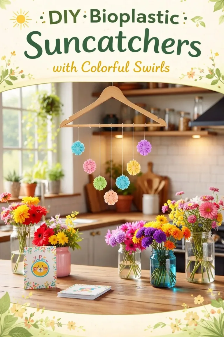 Colorful DIY bioplastic suncatchers with swirling patterns hanging in sunlight.