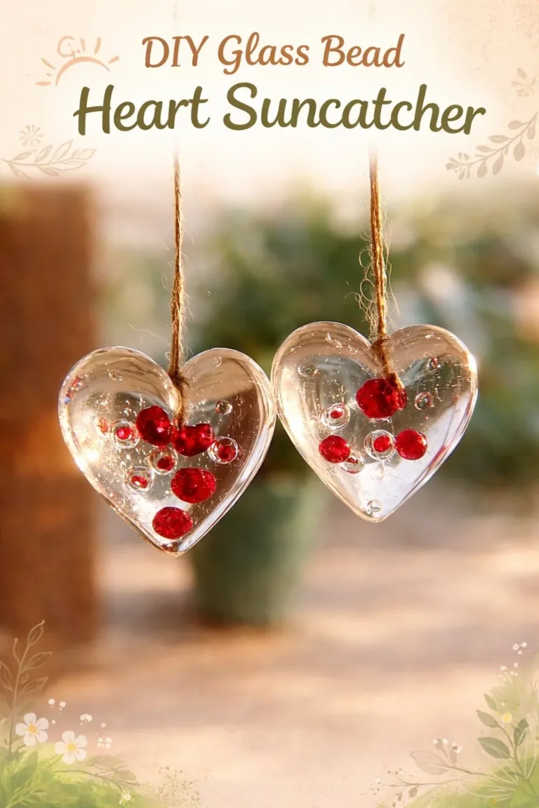 DIY Glass Bead Heart Suncatcher reflecting sunlight