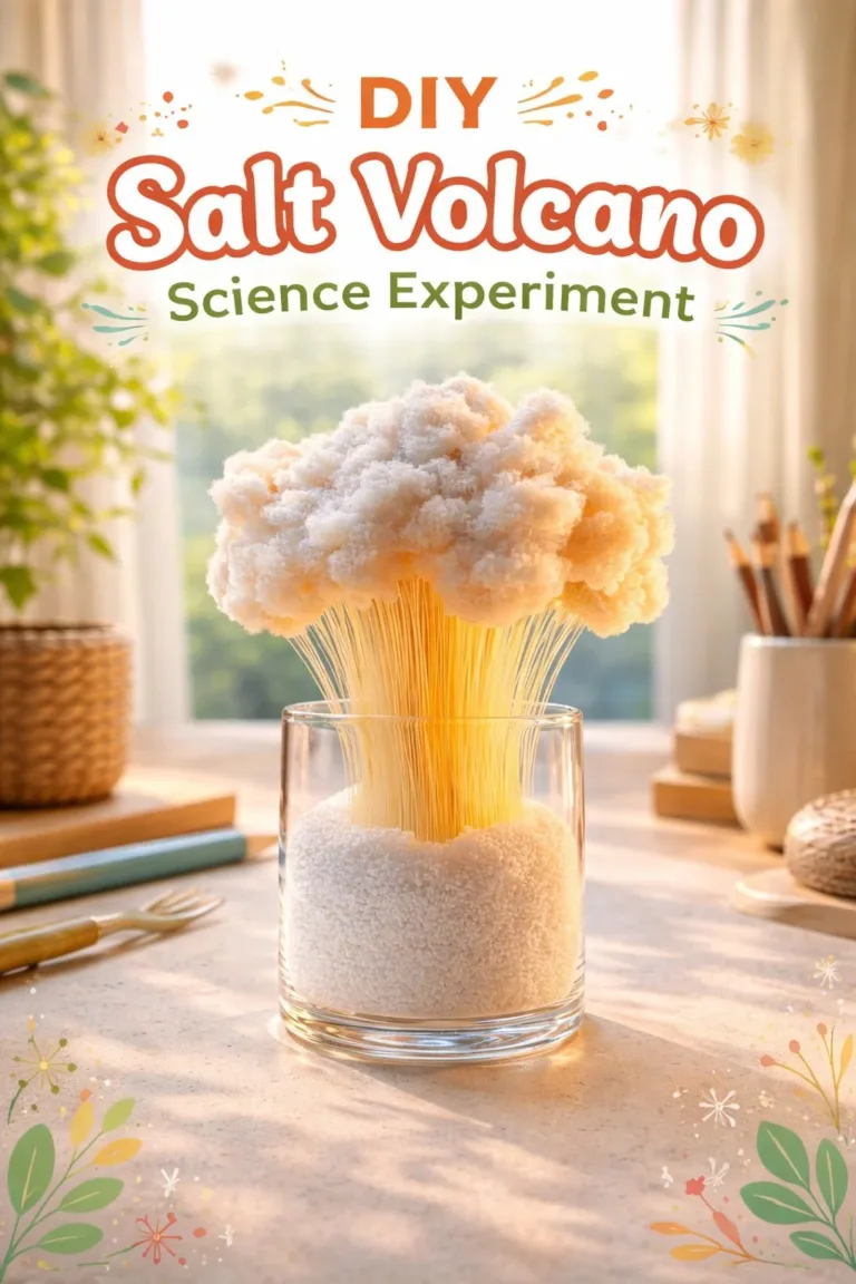 Kids conducting a DIY salt volcano science experiment with colorful eruption.