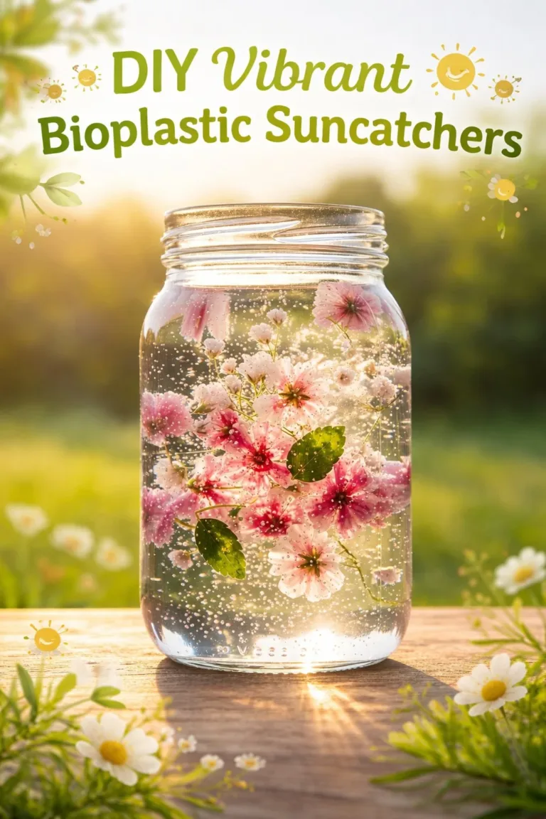 DIY vibrant bioplastic suncatchers hanging in a sunny window.