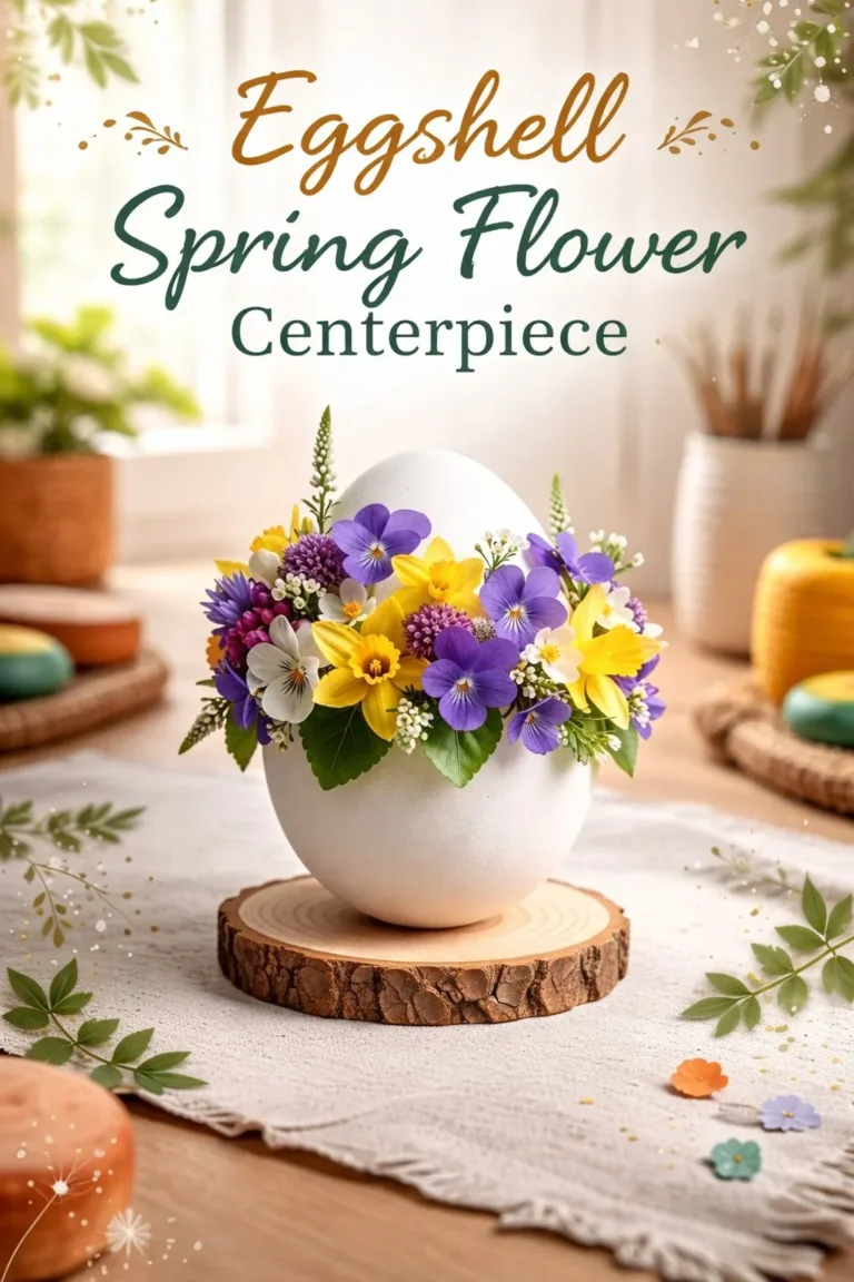 Eggshell spring flower centerpiece with vibrant blooms and fresh greens.