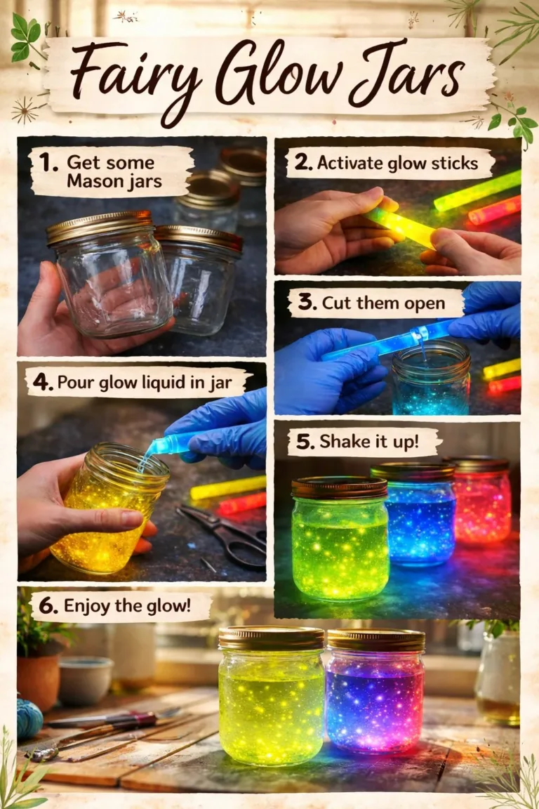 Set of vibrant Fairy Glow Jars glowing softly in a dark room