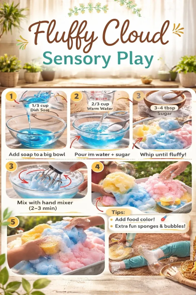 Children engaged in fluffy cloud sensory play with soft materials and colors.