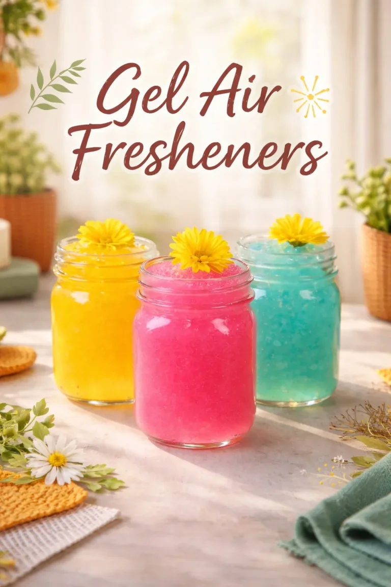 Variety of gel air fresheners in vibrant colors and scents displayed on a shelf.