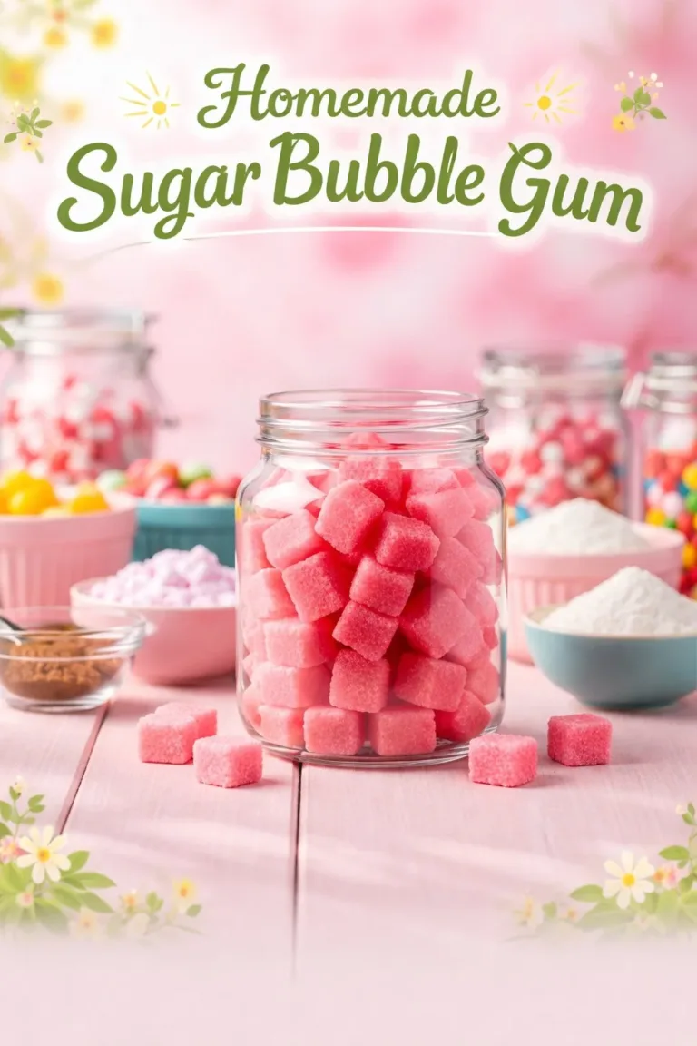 Homemade sugar bubble gum in colorful wrappers on a wooden table.