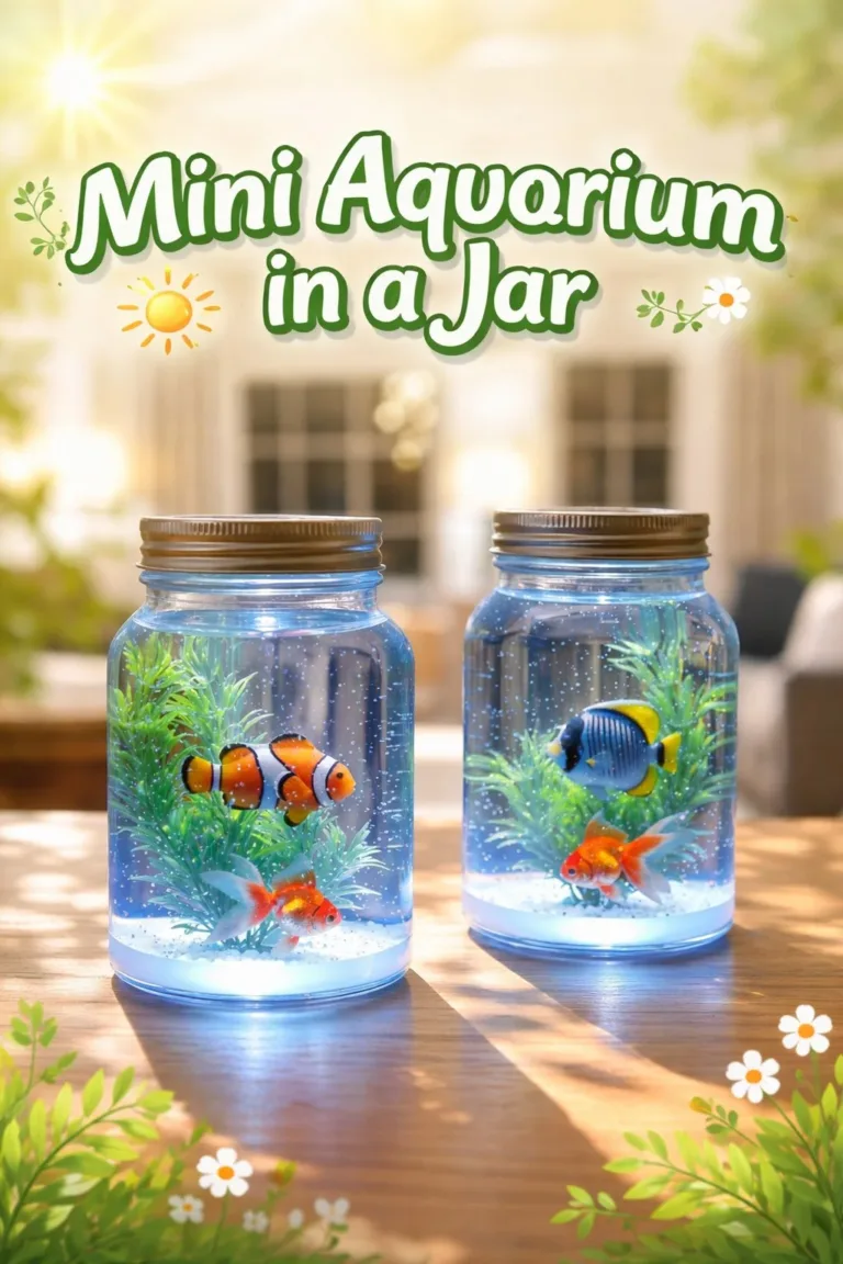 Decorative mini aquarium in a jar showcasing aquatic plants and fish.