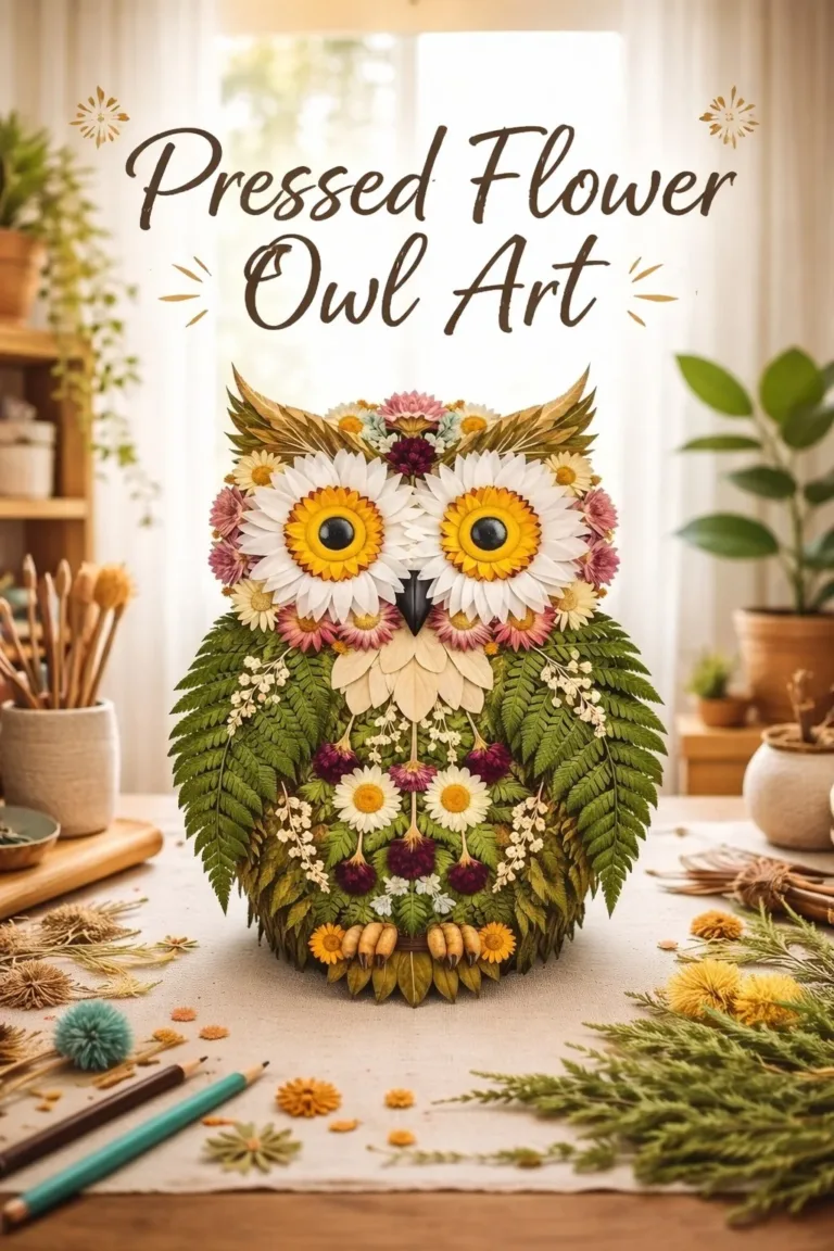Pressed flower owl art crafted with natural flowers and vibrant colors.
